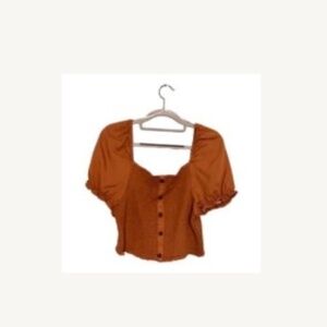 NWT Love Tree cropped tencel puff sleeved smocked square size 2xl terracotta top